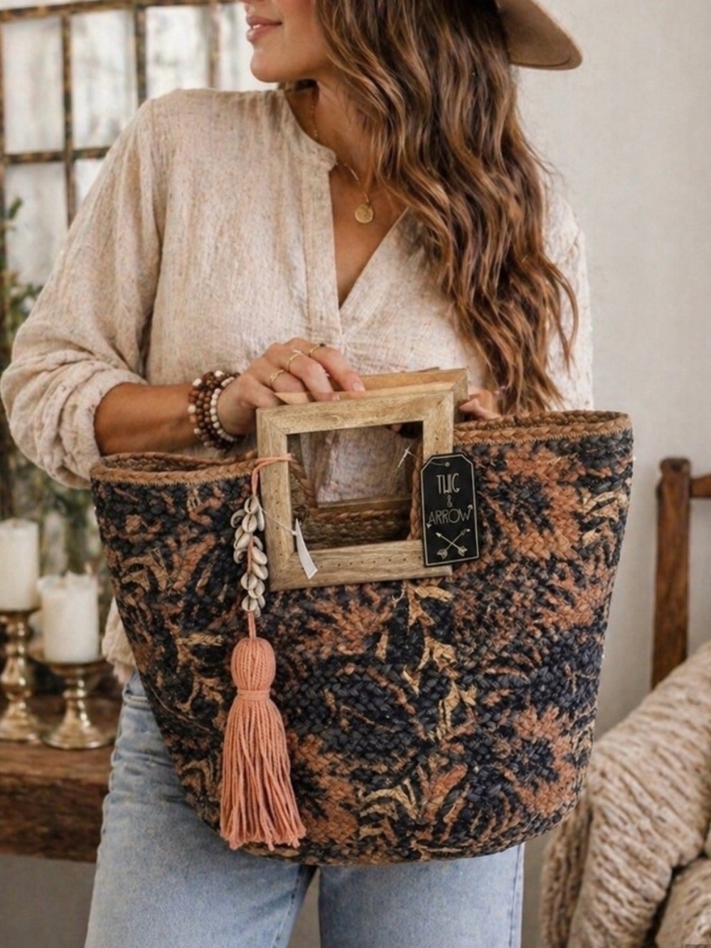 Twig and Arrow Woven Jute Straw Tote